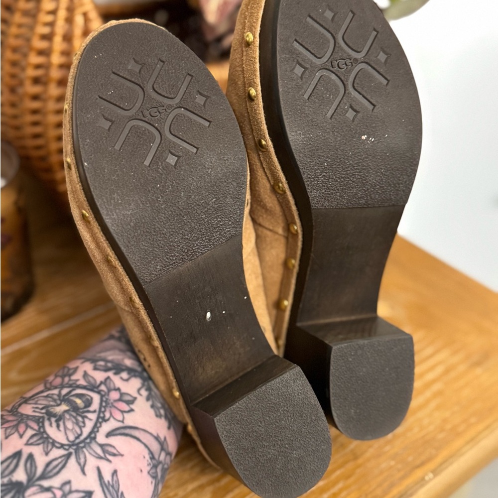 UGG Chestnut Brown Suede Kassi Sherpa Lined Slip On Clogs Heels Size 6 - Picture 9 of 11